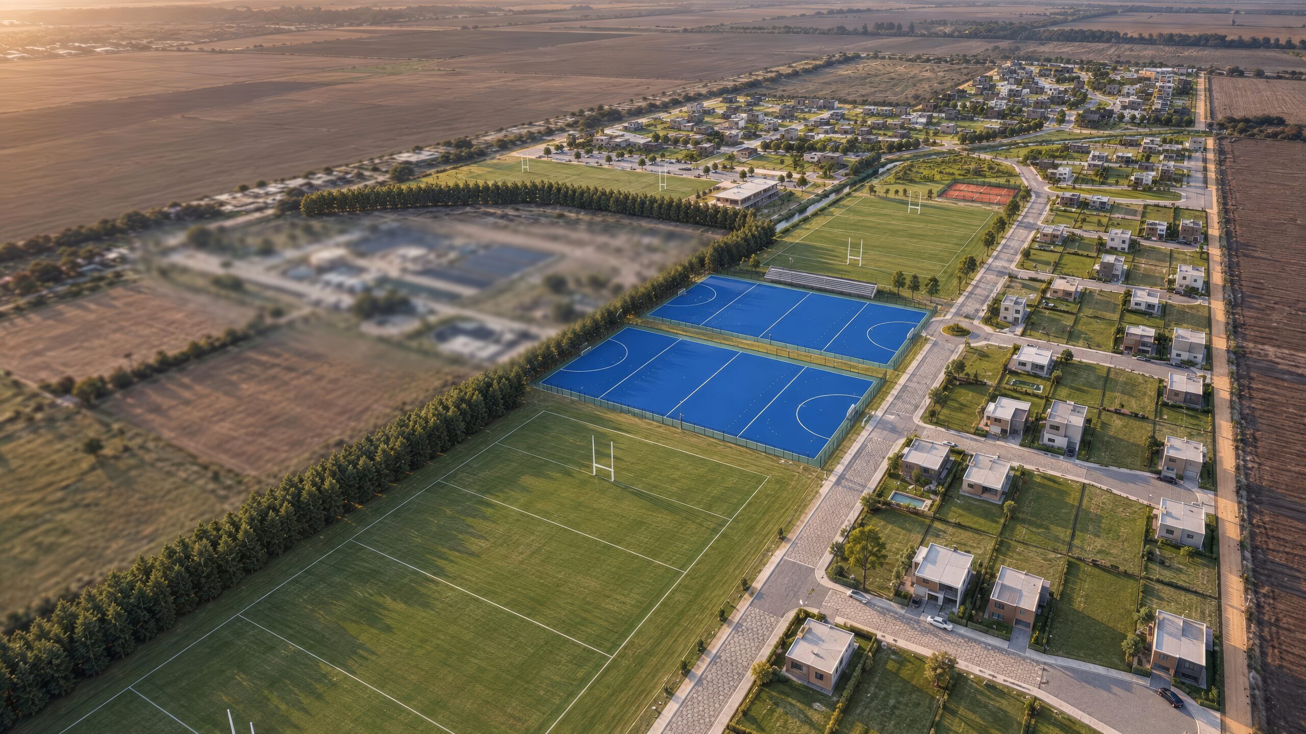 Vista aérea del proyecto y del predio del club desde el noreste